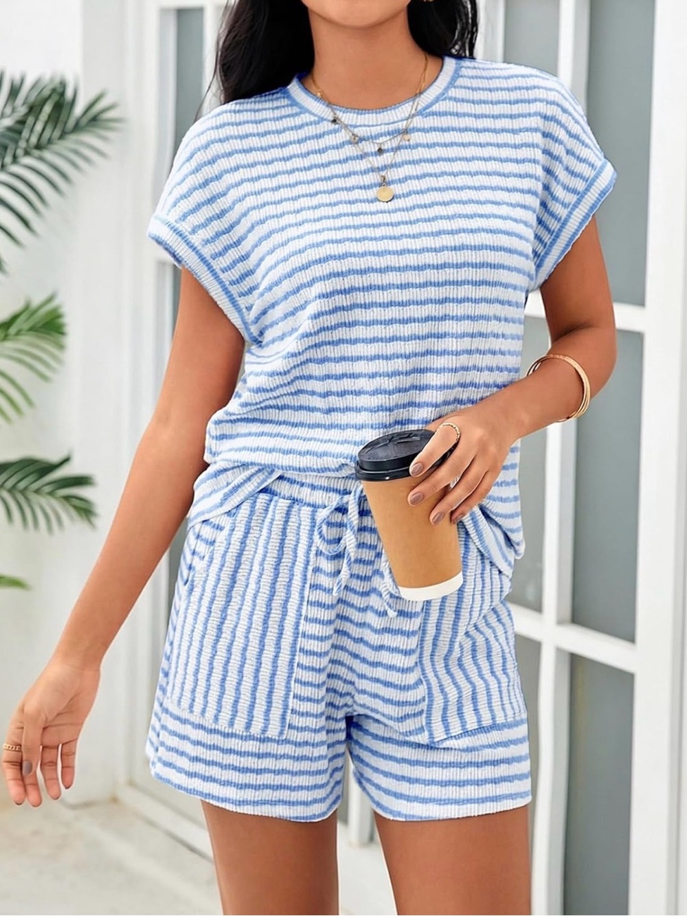 Blue & White Striped Knit Lounge Set - Short Sleeve Top & Shorts